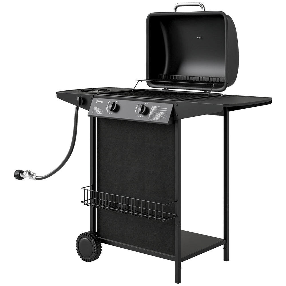 2+1 Burner Propane Gas BBQ Grill, Portable Gas Barbecue Grill with Side Burner, Thermometer, Lid, Side Table, Shelf, Spice Rack, Wheels, Grease Cup for Garden, Black
