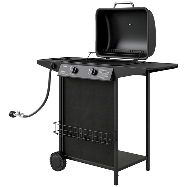 2+1 Burner Propane Gas BBQ Grill, Portable Gas Barbecue Grill with Side Burner, Thermometer, Lid, Side Table, Shelf, Spice Rack, Wheels, Grease Cup for Garden, Black