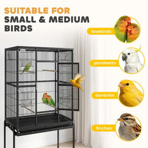 56"H Bird Cage, Parrot Cage with Detachable Rolling Stand, Removable Tray, Storage Shelf, Perches, Food Container