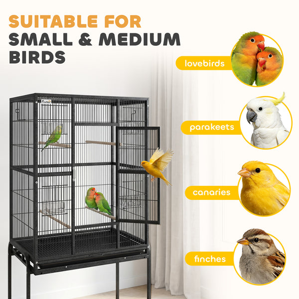 56"H Bird Cage, Parrot Cage with Detachable Rolling Stand, Removable Tray, Storage Shelf, Perches, Food Container