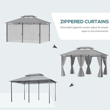 Gazebo 10' x 13', abri pare-soleil extérieur à 2 niveaux avec rideaux, gris foncé