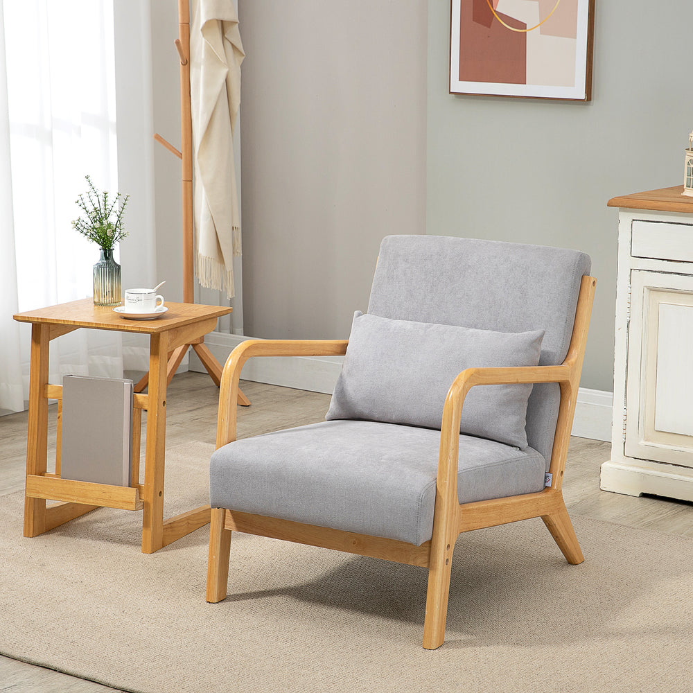 Fauteuil lounge en tissu avec pieds en bois et rembourrage épais, gris