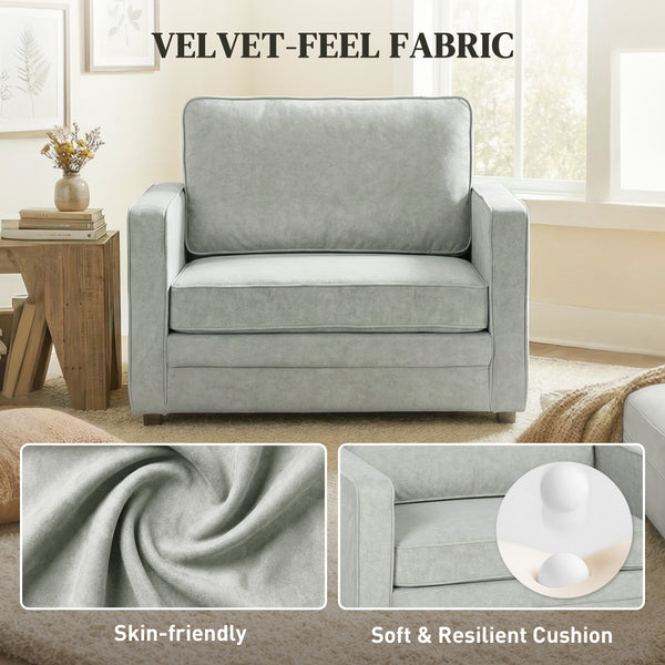 Velvet-effect accent chair with wide seat, spring cushion, solid wood legs, grey