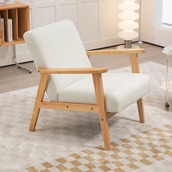 Fauteuil d'appoint rétro en tissu avec accoudoirs en bois, blanc crème