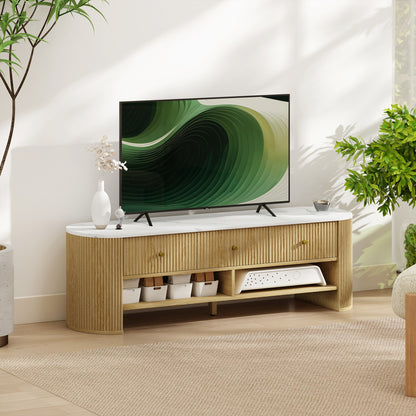Meuble TV moderne avec plateau effet marbre, 3 tiroirs et 2 étagères ouvertes pour téléviseur de 32 à 65 pouces, naturel
