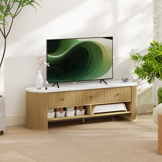 Meuble TV moderne avec plateau effet marbre, 3 tiroirs et 2 étagères ouvertes pour téléviseur de 32 à 65 pouces, naturel