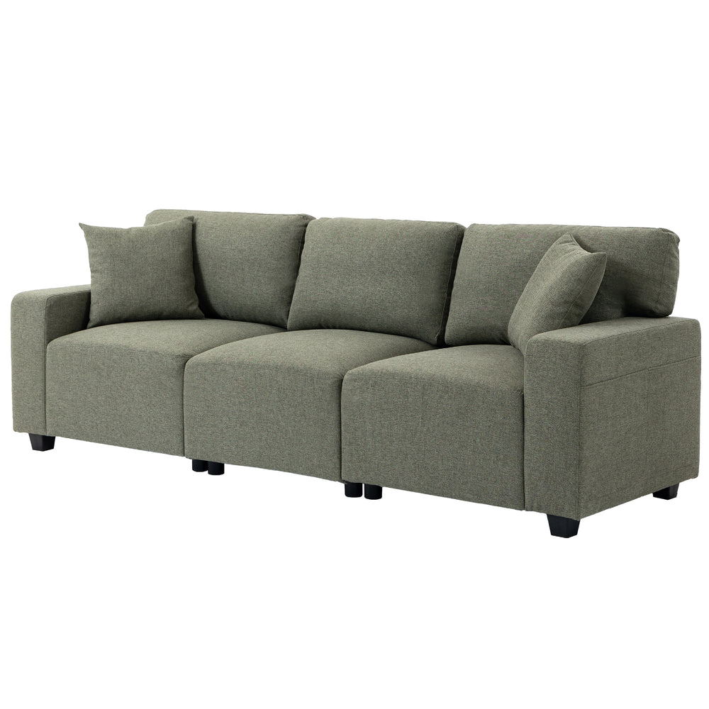 Canapé 3 places avec poches de rangement, moderne rembourré avec ressorts ensachés, vert