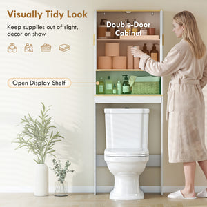 Storage unit to be installed above the toilet, adjustable shelf, bathroom storage cabinet, white and oak