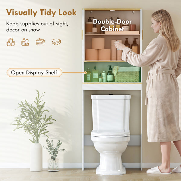 Storage unit to be installed above the toilet, adjustable shelf, bathroom storage cabinet, white and oak