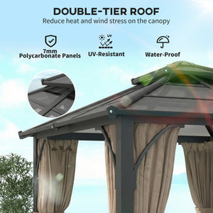 Gazebo rigide 10' x 10'  avec toit double en polycarbonate avec moustiquaire et rideaux, kaki