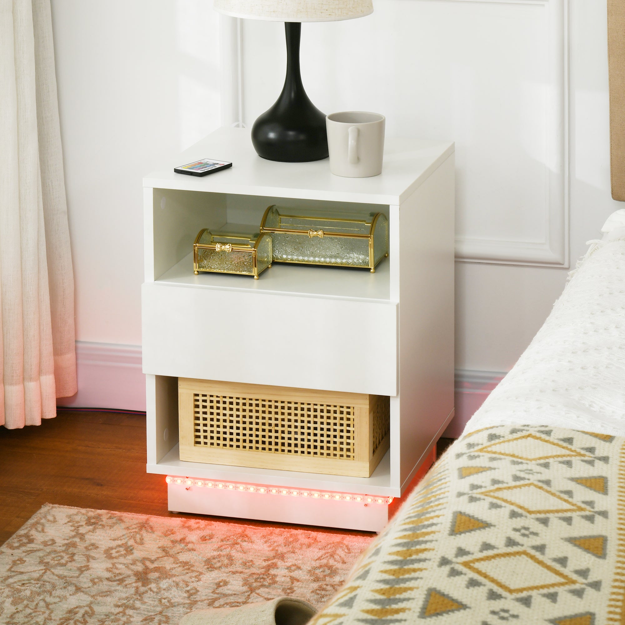 Bedside table with LED lighting and remote control, white