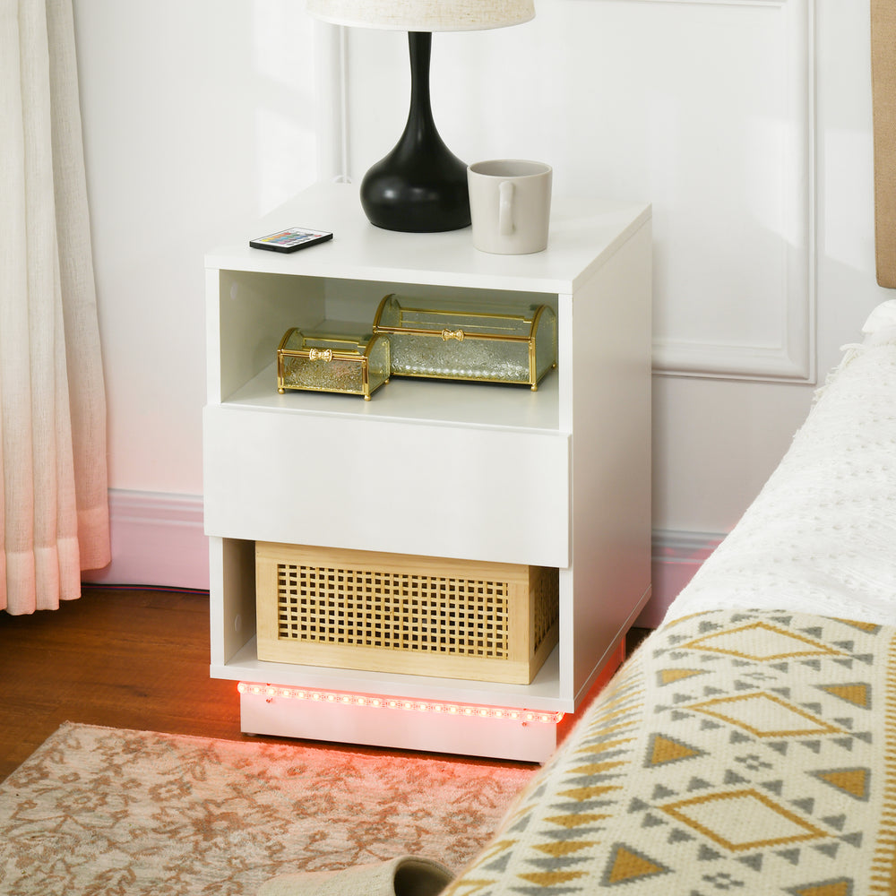 Table de chevet avec éclairage LED et télécommande, blanc