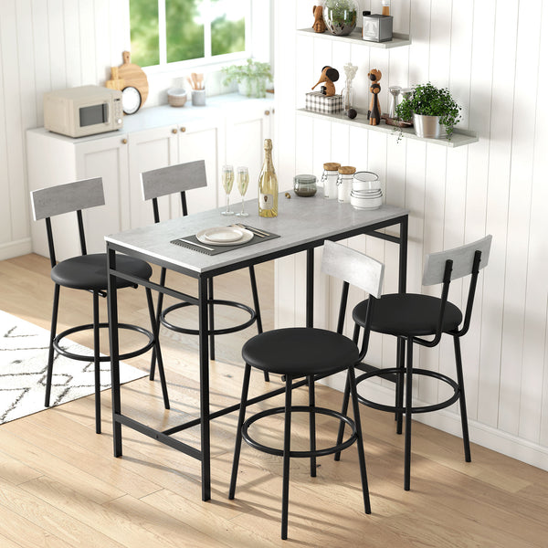 5-piece bar table set for 4 people with footrest and steel frame for the kitchen, cement grey