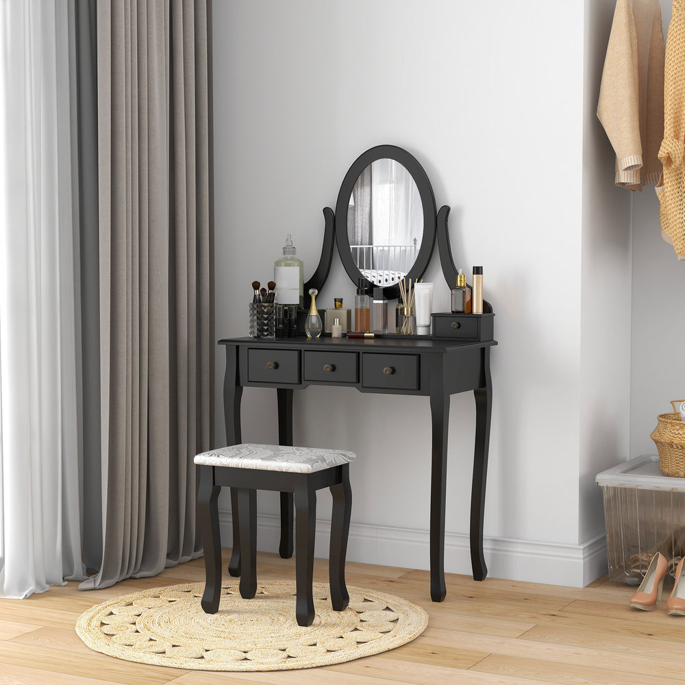Coiffeuse avec tabouret et miroir ovale rotatif à 360°, noire