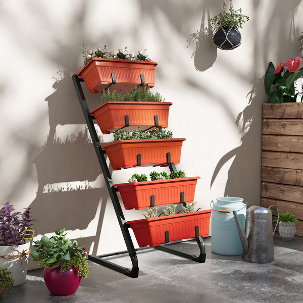 5-tier raised vertical planter with 5 containers, red