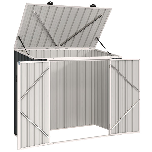 Garden shed with storage for a bin, double lockable door and hinged lid