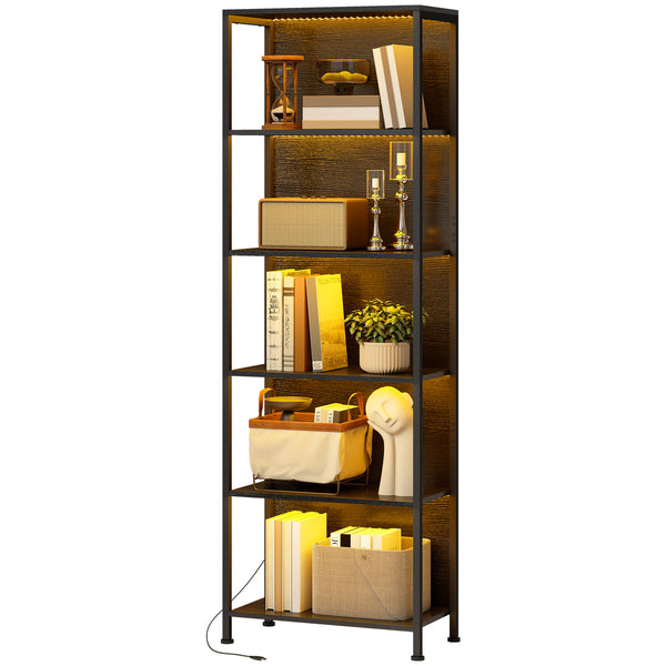 Bibliothèque à 5 niveaux avec éclairage LED et structure métallique, noire.