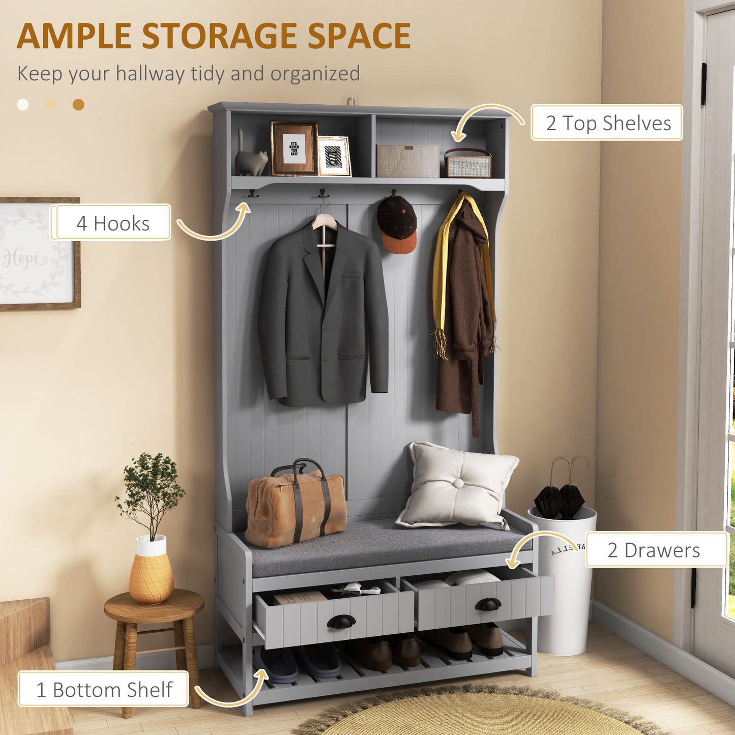 HOMCOM Shoe Bench and Coat Rack, Hallway Furniture with Bench and Shoe Storage, Hallway Bench with 4 Hooks, 2 Drawers, 2 Shelves, Grey