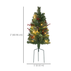 Lot de 2 sapin de Noël artificiel pré-éclairé avec baies rouges et pommes de pin