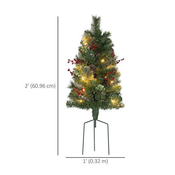 Lot de 2 sapin de Noël artificiel pré-éclairé avec baies rouges et pommes de pin