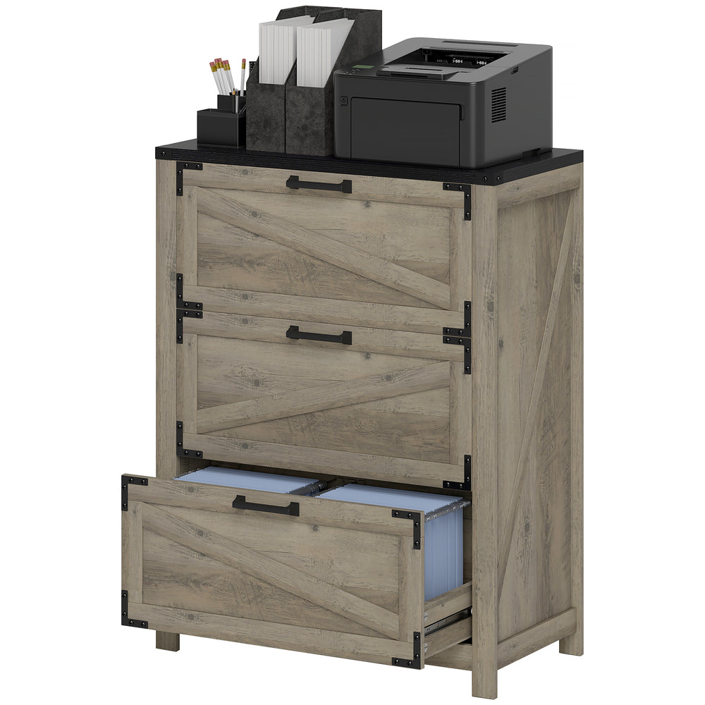 Classeur 3 tiroirs de style campagnard avec barres de suspension réglables pour format lettre, A4, format légal, gris