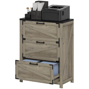 Classeur 3 tiroirs de style campagnard avec barres de suspension réglables pour format lettre, A4, format légal, gris