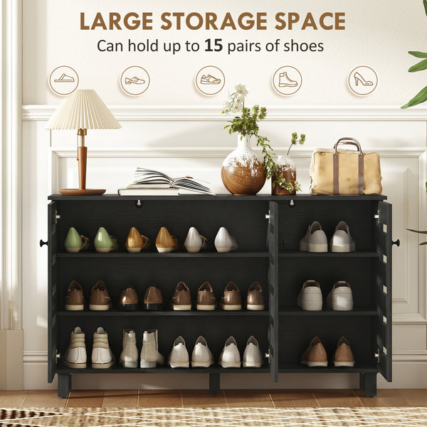 Shoe Cabinet with 3 Slatted Doors, 3-Tier Shelving Rack Cabinet with Adjustable Shelves for 15 Pairs of Shoes, Black