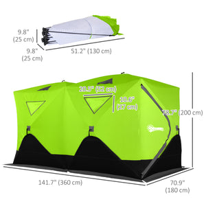 Insulated ice fishing shelter for 8 people, with ventilation windows and carry bag, for temperatures down to -30°C, green