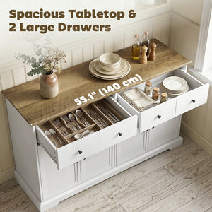 Buffet de cuisine de style campagnard de 55 pouces avec portes à fermeture douce, 2 tiroirs et 2 étagères réglables
