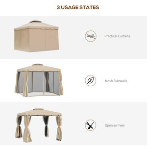 Gazebo 10 x 10 avec de jolis rideaux et des stores en maille, beige