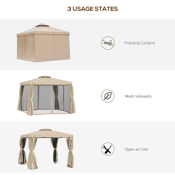 Gazebo 10 x 10 avec de jolis rideaux et des stores en maille, beige