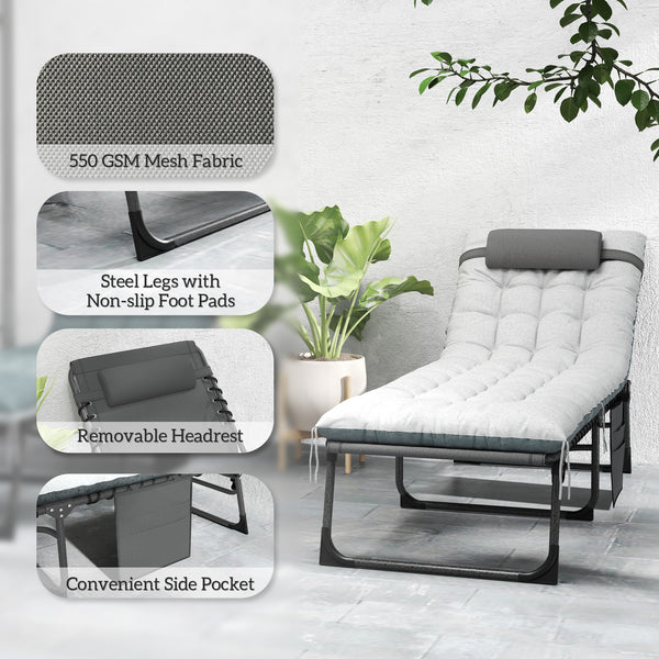 Outdoor Lounge Chair Set of 2, Folding Chaise Lounge Tanning Chair with Cushion, Side Pocket, Grey