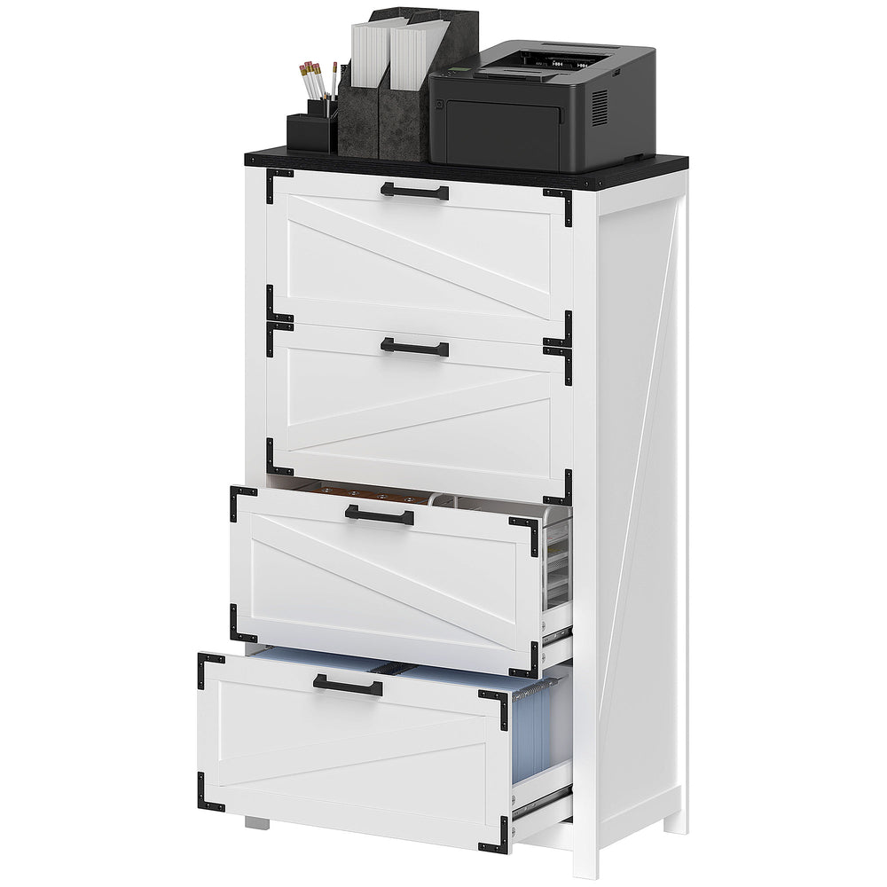 Classeur 4 tiroirs de style campagnard avec barres de suspension réglables pour format lettre, A4, légal, blanc
