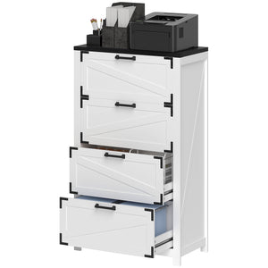 Classeur 4 tiroirs de style campagnard avec barres de suspension réglables pour format lettre, A4, légal, blanc