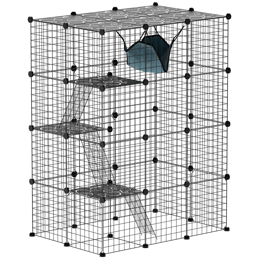 Cage pour chat à 4 niveaux avec hamac, plateformes, rampes et accessoires, noire