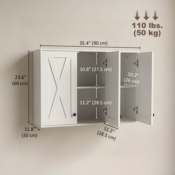 Armoire murale de salle de bain 35 po avec 3 portes et tablettes ajustables, blanc