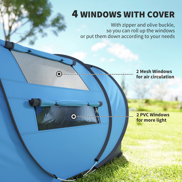 Tente de camping 4 personnes, montage instantané facile avec portes, fenêtres et sac de transport, idéale pour la randonnée, bleue