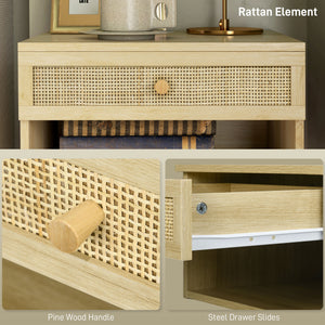 Ensemble de 2 tables de chevet murales flottantes avec tiroir en rotin – Bois naturel