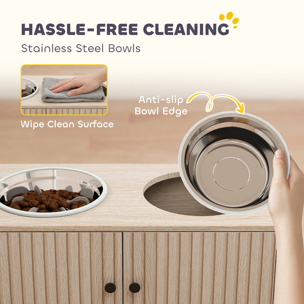Raised Dog Bowls with Storage, Oak