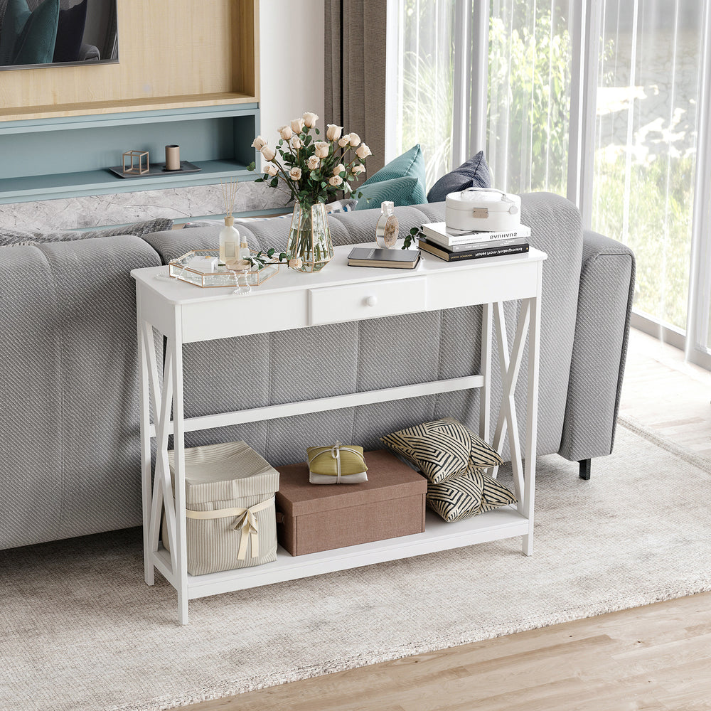 2-tier narrow console table, X design, with drawer and storage shelf, white