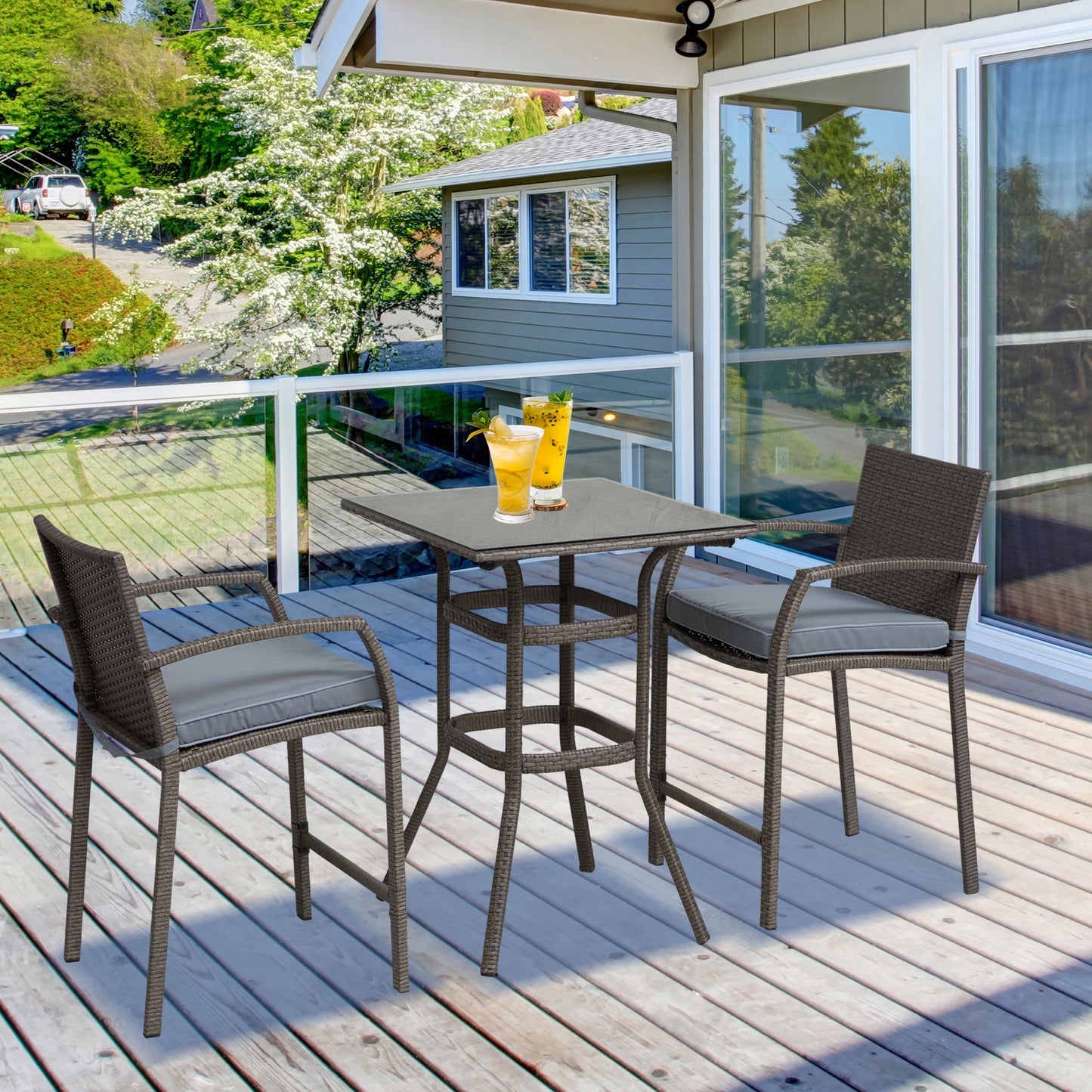Outsunny 3 Pieces Patio Bar Set Wicker Garden Bistro Set Outdoor Furniture PE Rattan Table and Stools with Seat Cushion, Gray |