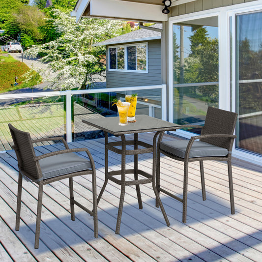 Outsunny 3 Pieces Patio Bar Set Wicker Garden Bistro Set Outdoor Furniture PE Rattan Table and Stools with Seat Cushion, Gray |