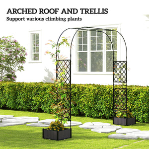 Garden arch with trellis and 2 planters, black