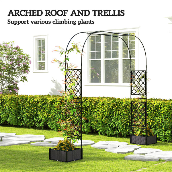 Garden arch with trellis and 2 planters, black