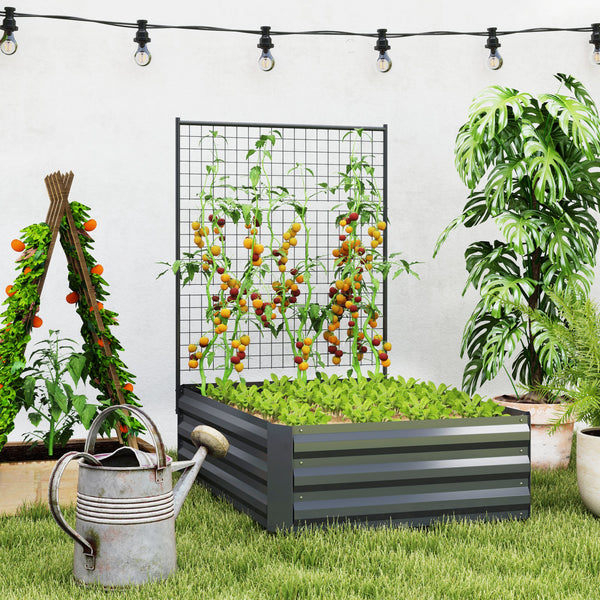 Jardinière surélevée galvanisée avec treillis pour plantes grimpantes, bac à fleurs d'extérieur à fond ouvert, gris foncé
