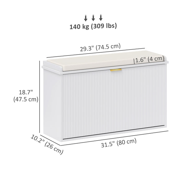Banc d'entrée avec assise rembourrée et tiroirs rabattables avec rangement pour 8 paires de chaussures, blanc