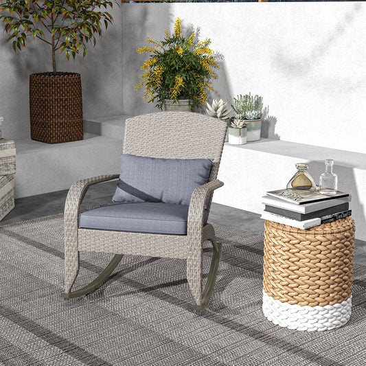 Outsunny Adirondack Chair, Outdoor Wicker Rocking Chair with High Back, Seat Cushion and Pillow for Porch, Balcony, Gray |