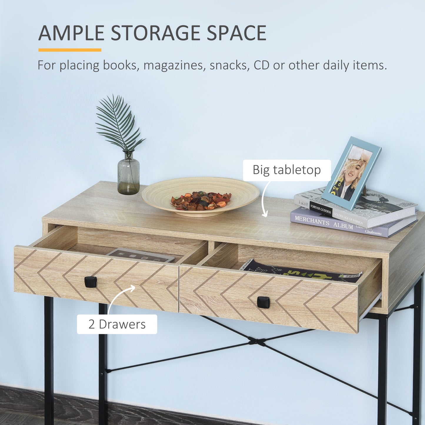 Meuble console avec 2 tiroirs de rangement, table d'entrée étroite avec cadre en métal, bureau