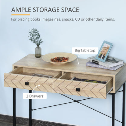 Meuble console avec 2 tiroirs de rangement, table d'entrée étroite avec cadre en métal, bureau