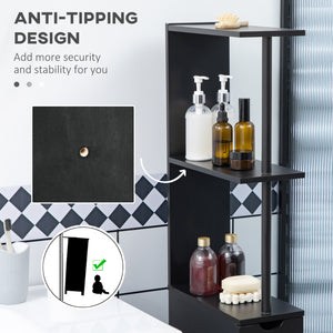 Narrow bathroom storage cabinet with drawers and open shelves for small spaces, black